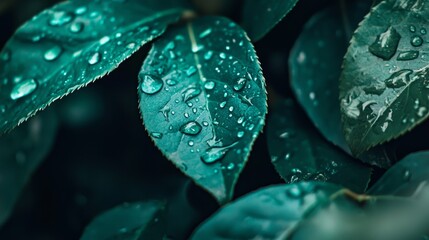  A close-up of a single green leaf, adorned with dewdrops Green leaves bearing dewdrops