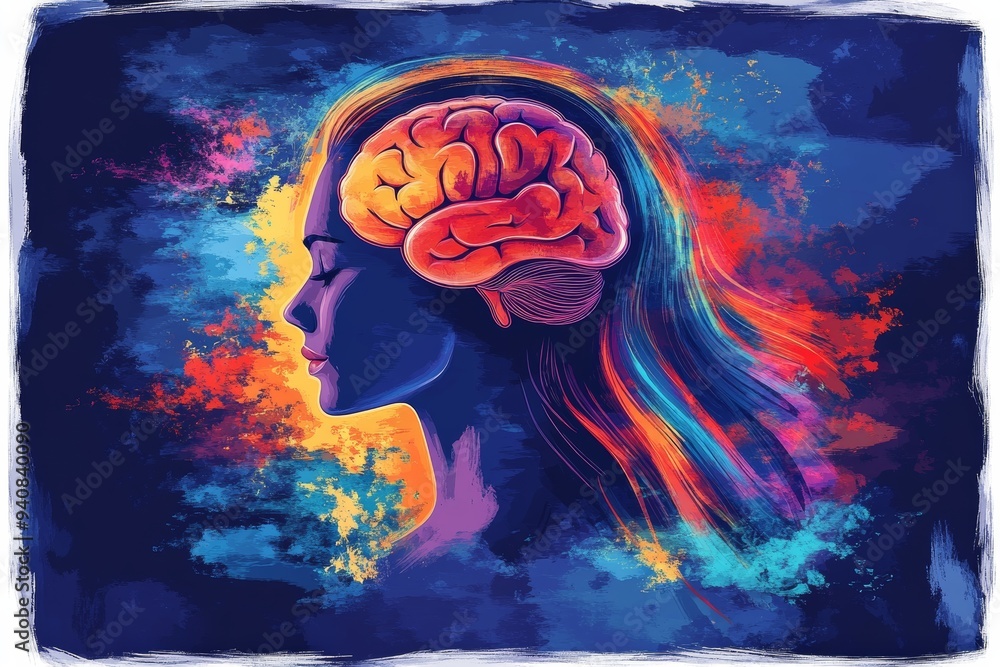 Poster abstract illustration of a womans profile with a vibrant brain: representing creative thought cognit