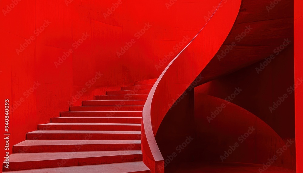 Poster abstract red staircase with curved railing in modern architecture