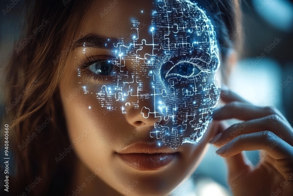 Poster portrait of a woman with a digital face and networked brain: exploring the intersection of identity 