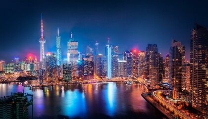 Naklejka premium A vibrant city skyline at night.