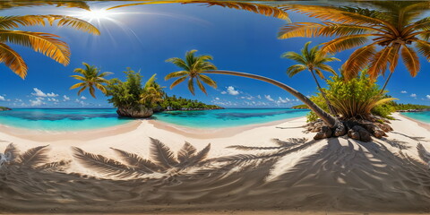 Full 360 degrees seamless spherical panorama HDRI equirectangular projection of A pristine tropical beach. Texture environment map for lighting and reflection source rendering 3d scenes.	
