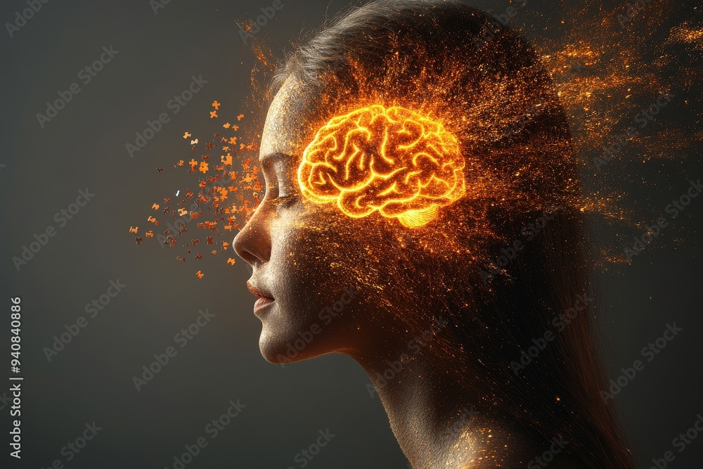 Poster profile of a woman with a glowing brain in an abstract setting: representing cognitive thought menta