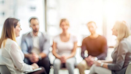 "Counseling Circle with Blurred Focus: Mental Health Support" - A therapy group engaged in discussion, with a gently blurred background for emphasis.
