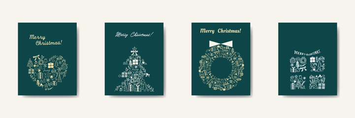 線画のクリスマスカード　セット　ハート　ツリー　リース　プレゼント