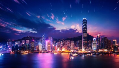 Fototapeta premium A vibrant city skyline at night.