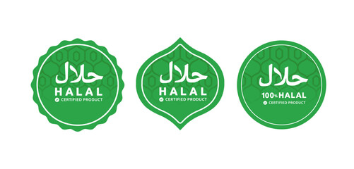 Halal food label stamp with green Islamic patter geometric sign vector isolated with text food contains verified halal product, product manufacture, food and baverage, agriculture sign symbol vector