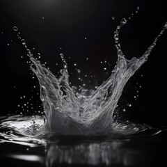A high-speed photograph capturing a dynamic water splash against a dark background. The intricate droplets and fluid motion are frozen in time, creating a striking visual contrast.