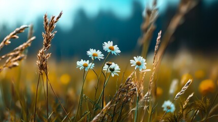 Obraz premium A field brimming with tall grass crowned in masses of white blooms borders a forest teeming with tall grass adorned with yellow and white flowers
