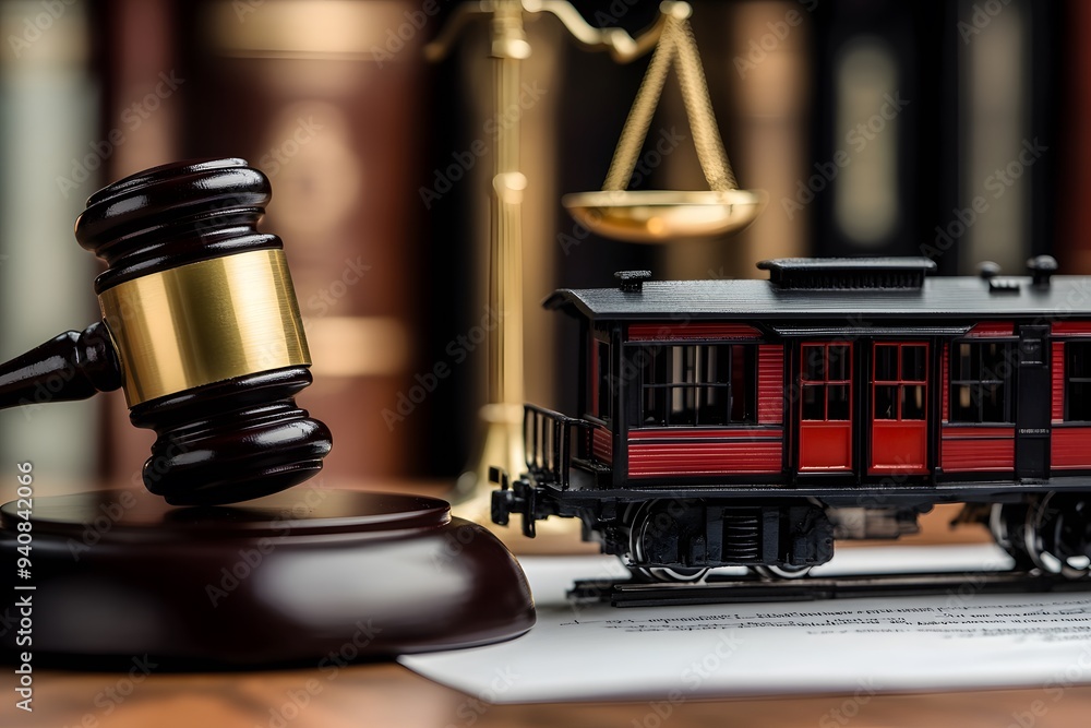 Poster a gavel and model train on a desk, next to a paper document in a modern office setting background