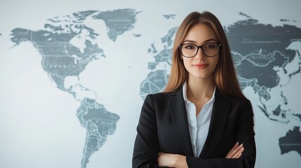 Confident Businesswoman Standing in Front of World Map