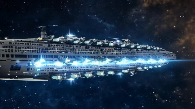 Spaceship Fleet Led by Command Ship in Deep Space With Distant Planet in Background, Highlighting Advanced Technology and Galactic Warfare in a Futuristic Universe
