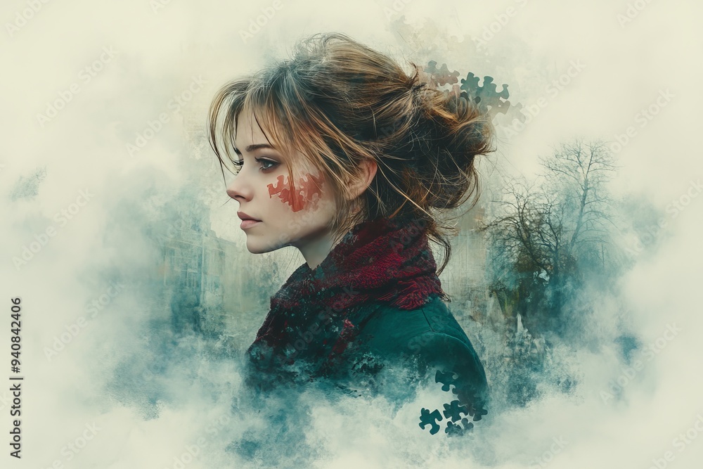 Poster portrait of a woman in a foggy setting: capturing the depth of thought cognitive processes and the i