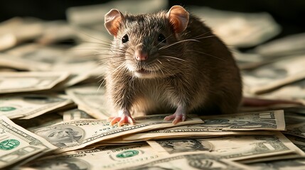 A cute rat sits on a pile of dollar bills, looking up at the camera.