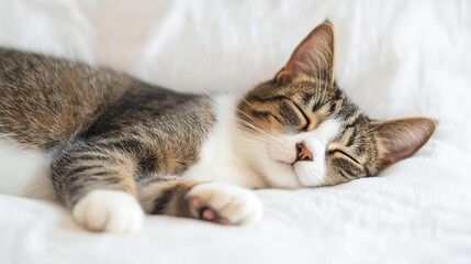 Cute cat sleeping, adorable and relaxed. On white isolated background.