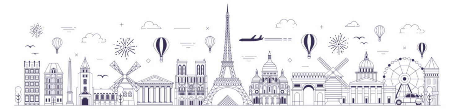 Travel Paris Web Banner with Popular Landmarks