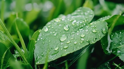  A tight shot of a wet green leaf, speckled with water droplets, against a backdrop of verdant grass In the foreground, individual blades of grass and leaves