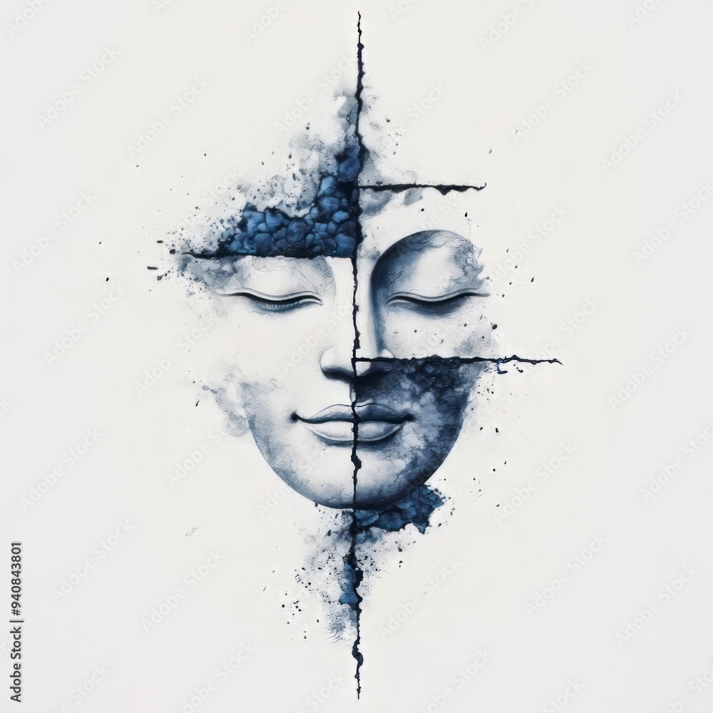 Aufkleber a serene face merging with artistic elements, symbolizing harmony and introspection through a unique
