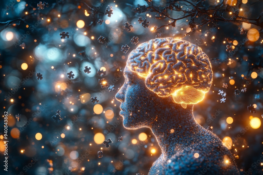 Aufkleber digital portrait of a human head with a glowing brain in a networked background: exploring cognitive