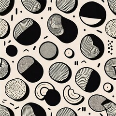 A monochrome pattern featuring an array of black geometric shapes and dots on a white backdrop, exuding simplicity and elegance. The design’s minimalist approach creates a visually striking contrast.