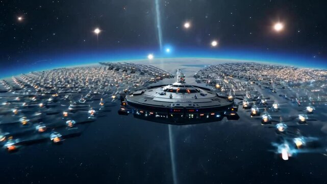 Large Spaceship Surrounded by Countless Smaller Vessels in Orbit Around Alien Planet, Depicting Massive Space Armada and Epic Science Fiction Space Battle Scene