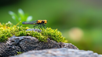  A tight shot of a bug perched on a rock, moss adorning its sides, backdrop softly blurred