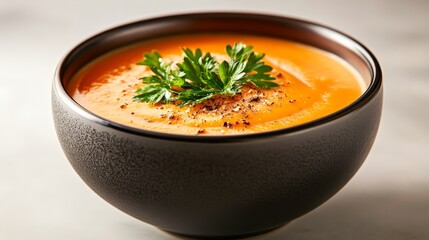 Close Up of Creamy Carrot Soup with Parsley Garnish