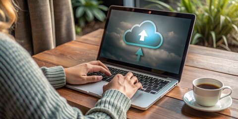 A woman is typing on a laptop with a cloud icon on the screen