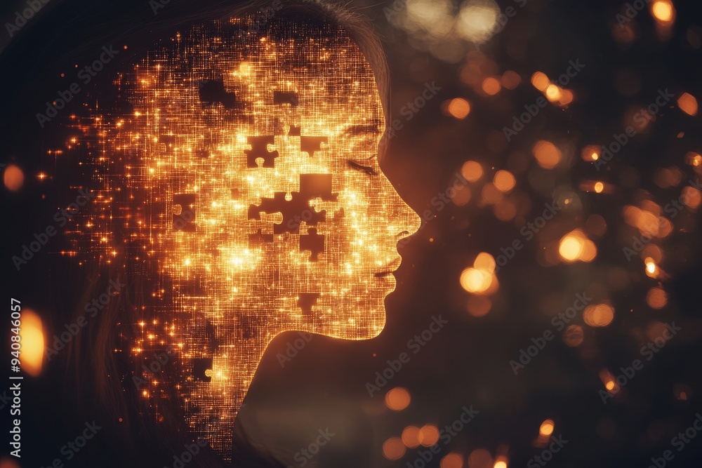 Poster abstract digital portrait of a woman with a glowing brain: exploring cognitive thought neural connec