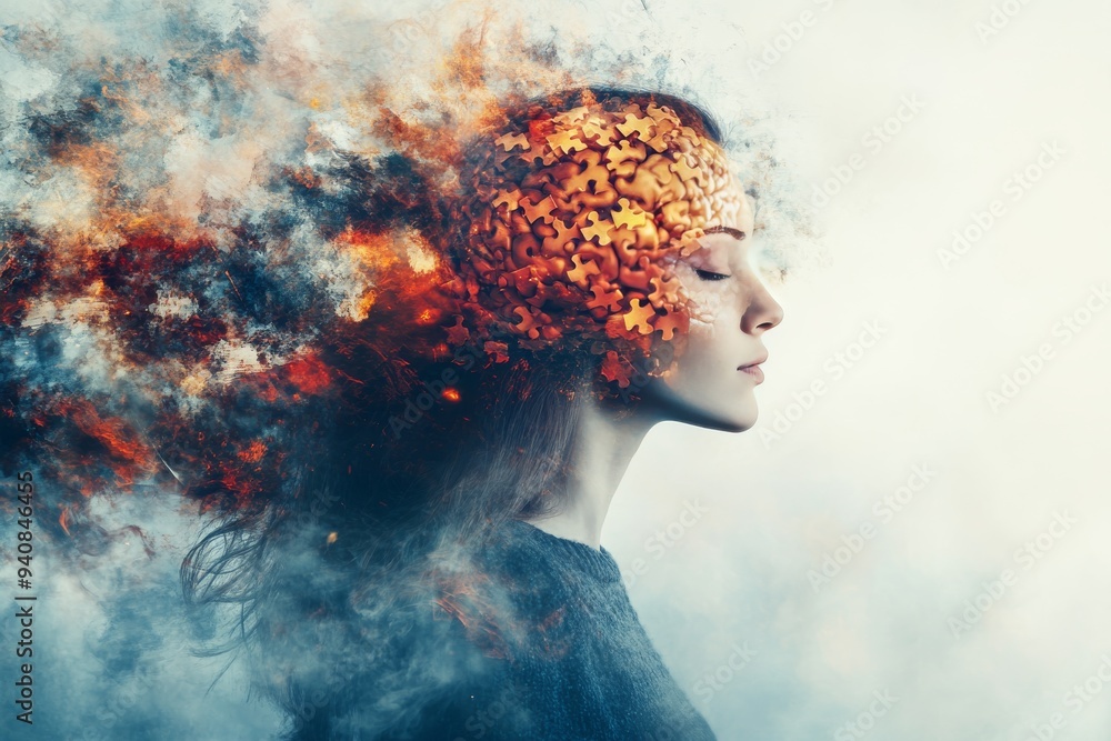 Poster abstract portrait of a woman with dissolving head: exploring cognitive thought memory and the epheme