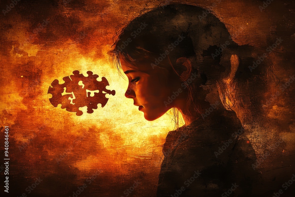 Aufkleber portrait of a woman with a floating puzzle piece: exploring cognitive thought memory and the fragmen