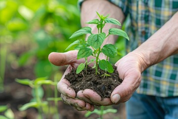 Farmers hands holding a handful of soil with green seedlings sprout.