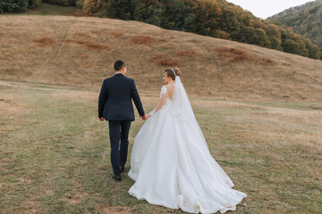 A bride and groom are walking together in a field. The bride is wearing a white dress and the groom is wearing a suit. The scene is peaceful and romantic