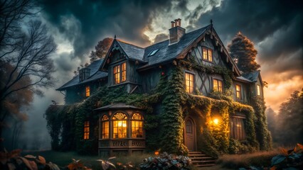 Fototapeta premium Dark Enchanted House with Overgrown Ivy in Foggy Twilight 