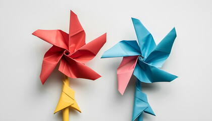 pinwheel or windmill paper origami isolated on white background simple starter craft for kids for weekend entertainment. ESG and Clean Energy Concept. Wind Turbine Paper into the Sky. Decrease Carbon