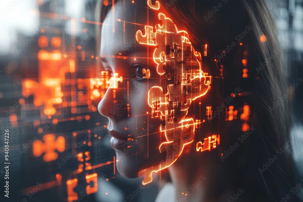 Poster Digital Portrait of a Woman with a Glowing Brain and Circuitry: Exploring Cognitive Thought Neural Connectivity and the Influence of Technology on Human Intelligence