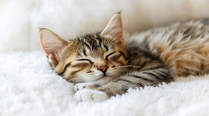 Cute cat sleeping, adorable and relaxed. On white isolated background.