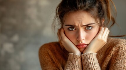 Young woman feeling frustrated, resting her chin on hands, expressing displeasure