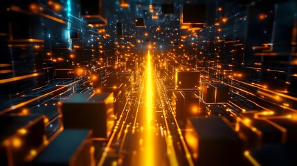 Obraz premium Futuristic Digital Path with Yellow Laser Beam, Abstract Cubes Glow Effect