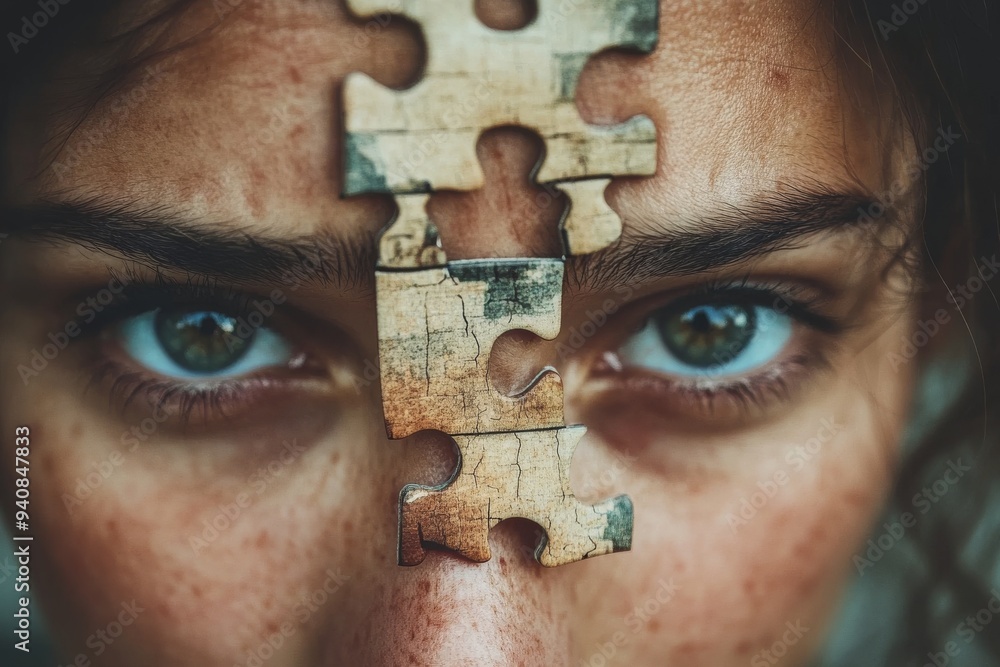 Poster portrait of a woman with puzzle pieces on her face: representing cognitive complexity identity and t