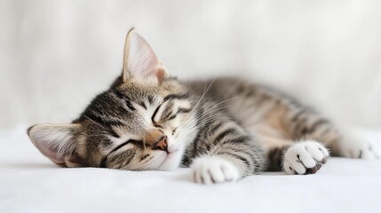 Cute cat sleeping, adorable and relaxed. On white isolated background.