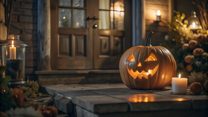 Obraz premium Glowing Jack-O'-Lantern on Front Porch with Candle Light