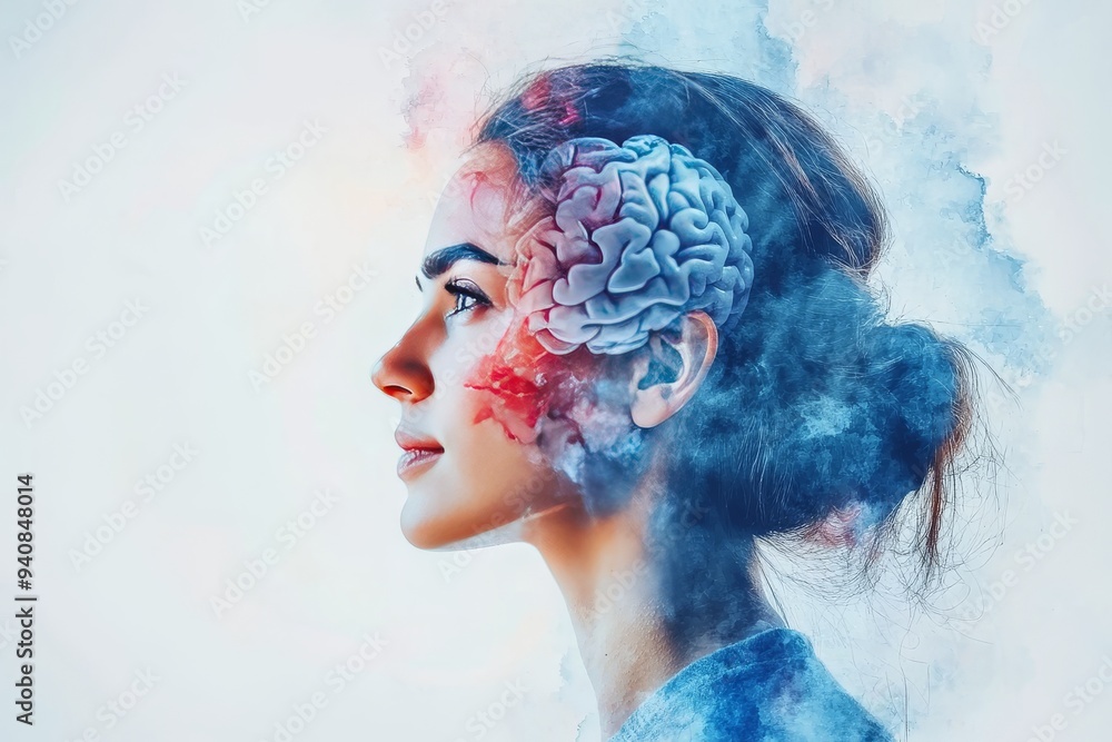 Poster portrait of a woman with a dreamlike face dissolving into colorful clouds: exploring cognitive thoug