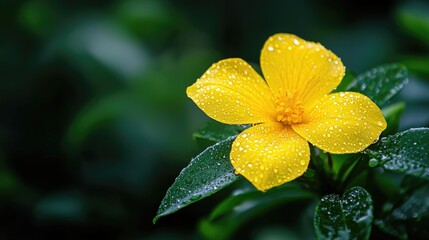 Fototapeta premium A vibrant yellow flower adorned with raindrops, showcasing nature's beauty against a lush green backdrop.