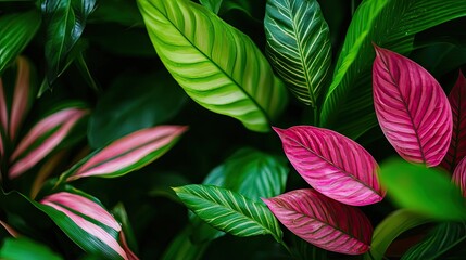 Fototapeta premium A vibrant mix of green and pink leaves creates a lush, tropical atmosphere, perfect for nature-themed projects and designs.