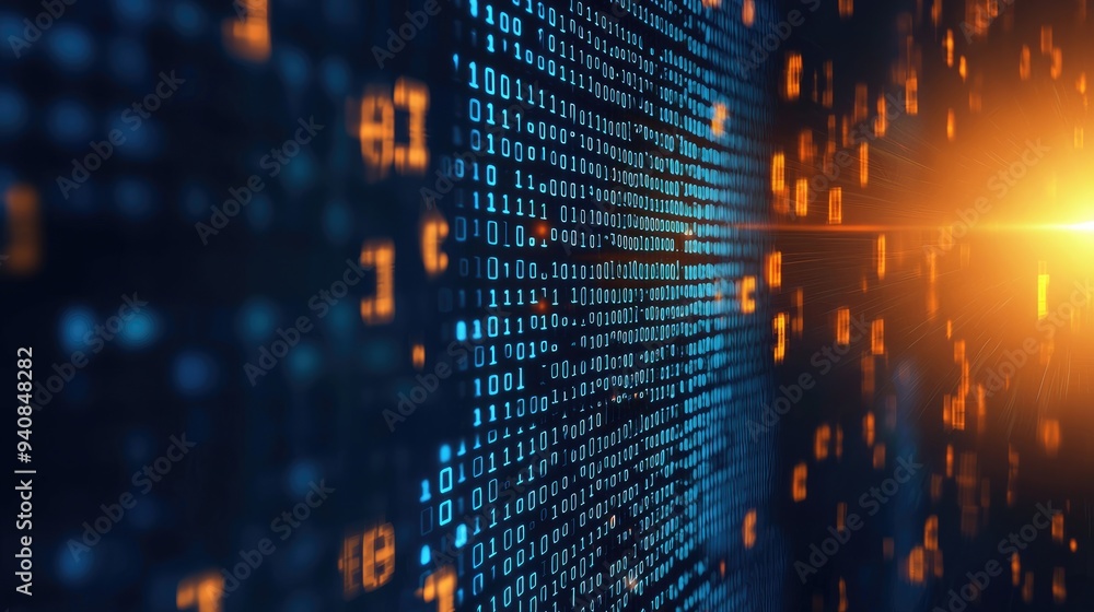 Poster abstract digital background with binary code, glowing elements, and vibrant colors, perfect for tech
