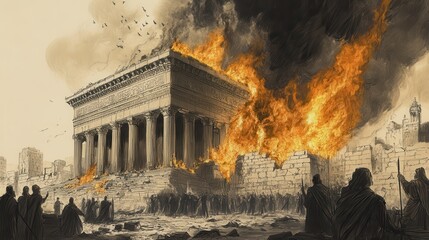 Fototapeta premium The Fall of Jerusalem: The Temple Ablaze as People Watch in Horror, 2 Kings Biblical Art, Beige Background