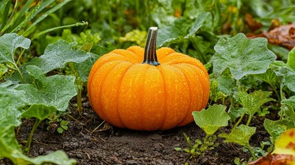  A tiny orange pumpkin sits in the heart of a dirt patch amidst a lush green field of plants