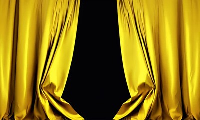 Luxurious yellow curtains slowly open to reveal a deep black backdrop, while soft lighting highlights the edges of the fabric. Generative AI