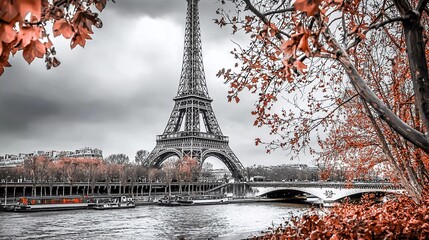 Obraz premium View of Eiffel tower in monochrome style with selective colorization which is very beautiful